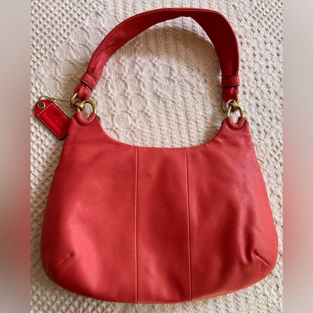 Coach Kristin leather handbag, extra shoulder strap, leather hangtag, coral EUC - Picture 13 of 15